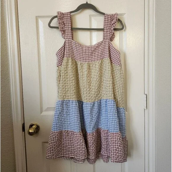 Boutique Gingham Blue Yellow Brown Plaid Ruffle Tiered Mini Dress XL - Picture 2 of 9